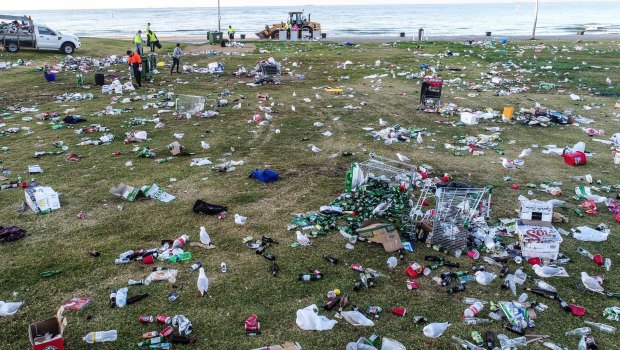 The state of St Kilda beach after Christmas parties last year.