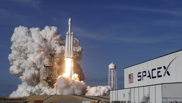 The Falcon 9 SpaceX heavy rocket lifts off from the Kennedy Space Centre in Florida. 