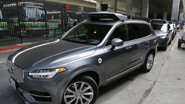 An Uber driverless car heading out for a test drive in San Francisco.