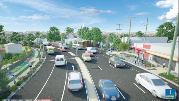 An artists' impression of the proposed stage one of the Wynnum Road upgrade, showing the intersection with Heidelberg Street, East Brisbane.