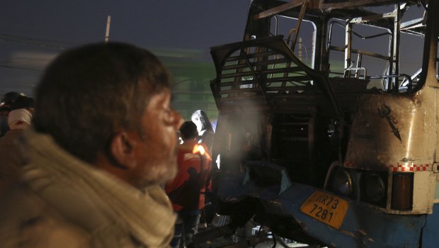 A bus that was torched by a suspected mob protesting against the release of Bollywood film Padmaavat in Sohna Road, near Guragon, Haryana, India.