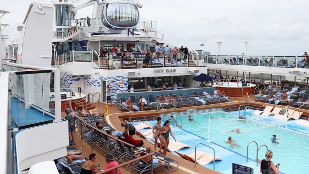 One of many pools on the pool deck of Royal Caribbean's 374-metre long Ovation of the Seas, which is the largest cruise ship in Australia.