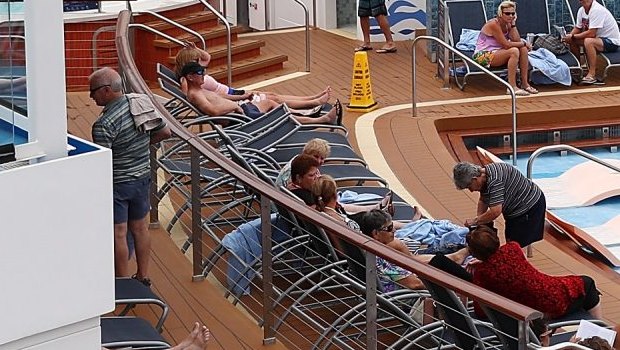 One of many pools on the pool deck of Royal Caribbean's 374-metre long Ovation of the Seas, which is the largest cruise ship in Australia.