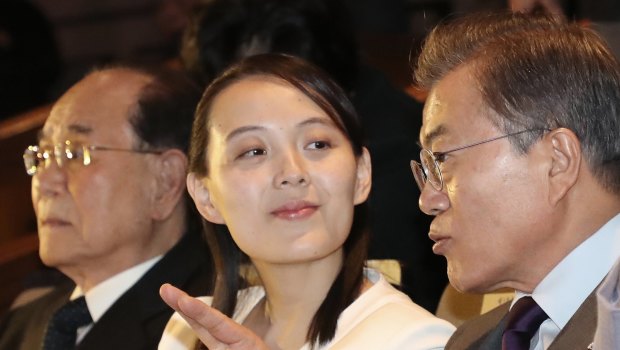 Moon Jae-in, right, talks with Kim Yo-jong, centre, ,during the Winter Olympics.