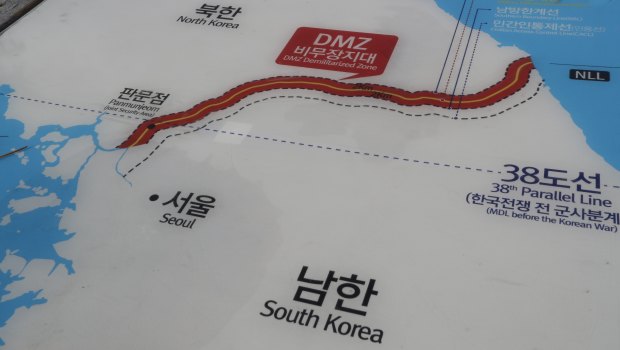 The demilitarised zone in red between the two Koreas.
