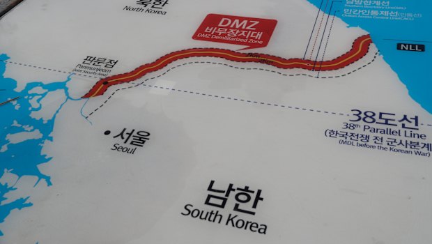 The demilitarised zone in red between the two Koreas.