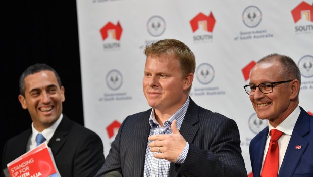 SA Labor MP Tom Koutsantonis, left, Sonnen Australia managing director Chris Parratt, and SA Premier Jay Weatherill on Thursday.