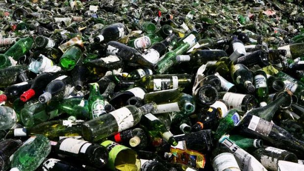 Wine bottles and other glass bottles set to be recycled at the Visy plant in Broadmeadows.