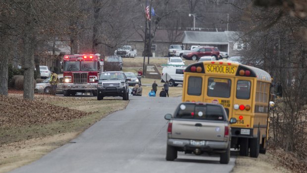 Emergency crews respond to Marshall County High School after a fatal school shooting.