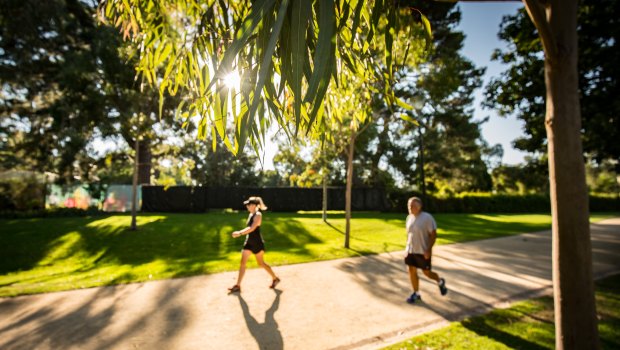 Melburnians getting their exercise in early at the Tan on Sunday before the temperature hit a high of 38 degrees.