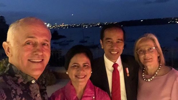 Prime Minister Malcolm Turnbull posted a photo of himself with his wife Lucy and  the President of Indonesia Joko Widodo and his wife Iriana.