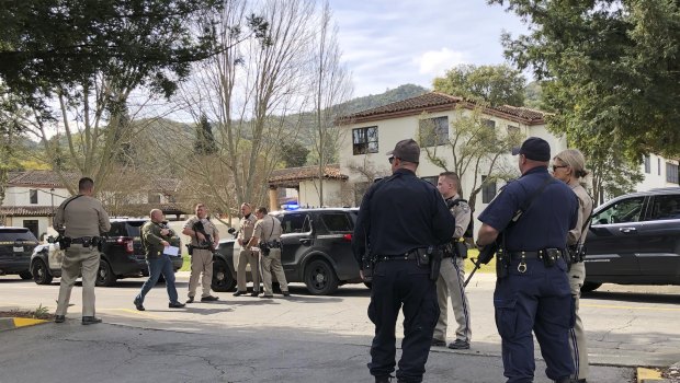 Police at the scene of the shooting at a California veterans home.