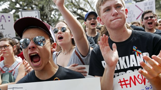 Student survivors from Marjory Stoneman Douglas High School participate in a rally for gun control reform.