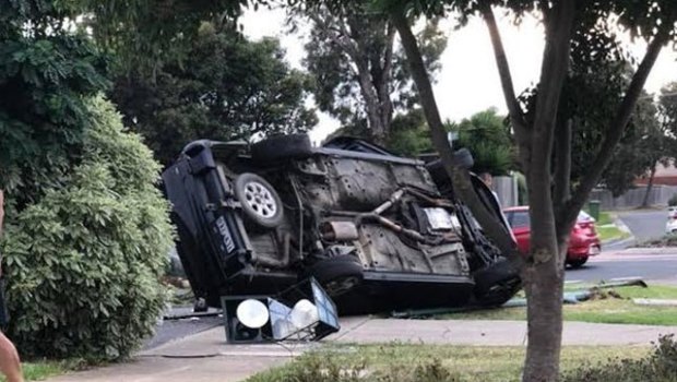 The stolen black ute that flipped on Monahans Road in Cranbourne