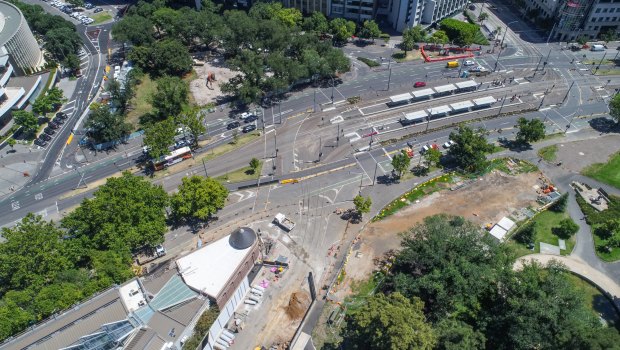 Major works are underway on St Kilda Road to make way for the Metro Tunnel rail project. 