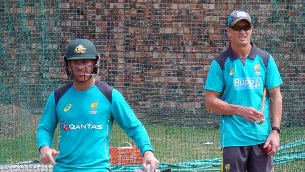 David Warner, who was at the centre of the storm in Durban, with batting coach Graeme Hick during a training session ahead of the second Test in Port Elizabeth.