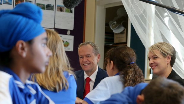 Opposition Leader Bill Shorten and education spokeswoman Tanya Plibersek at St Thomas the Aspostle Primary School in Canberra.