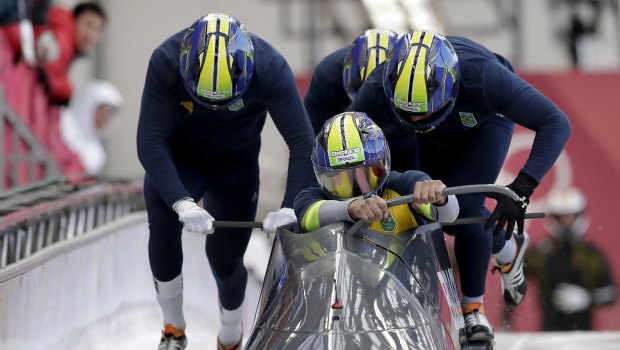 Underdogs: Driver Edson Bindilatti, Odirlei Pessoni, Rafael Souza da Silva and Edson Ricardo Martins of Brazil start a training run for the four-man bobsled competition at the 2018 Winter Olympics.