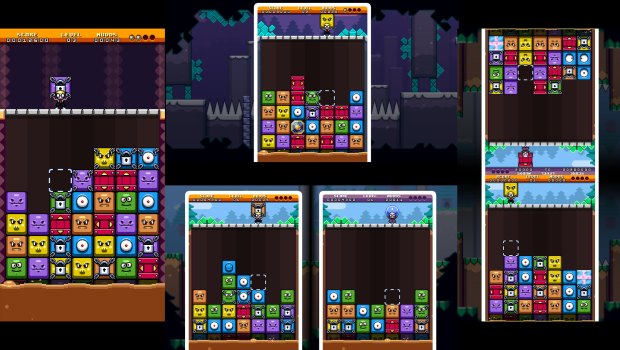 These four screens show Mudd Blocks running in portrait and landscape orientations, in both one and two player modes.