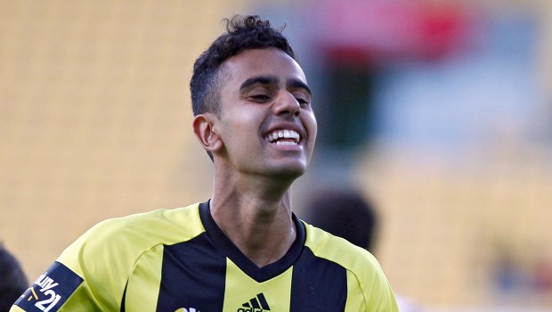 Delight: Sarpreet Singh celebrates after scoring against the Perth Glory at Westpac Stadium.