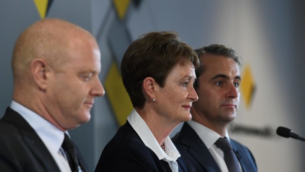 Outgoing CBA chief Ian Narev,  chairman Catherine Livingstone and incoming CEO Matt Comyn.