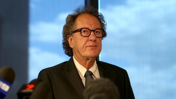 Geoffrey Rush speaking at a press conference on December 8 after the allegations were published.