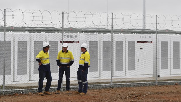Construction workers at the launch of Tesla's 100 megawatt lithium-ion battery at Jamestown, north of Adelaide.