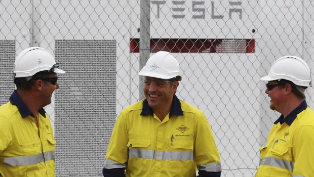 Construction workers at the launch of Tesla's 100 megawatt lithium-ion battery at Jamestown, north of Adelaide.