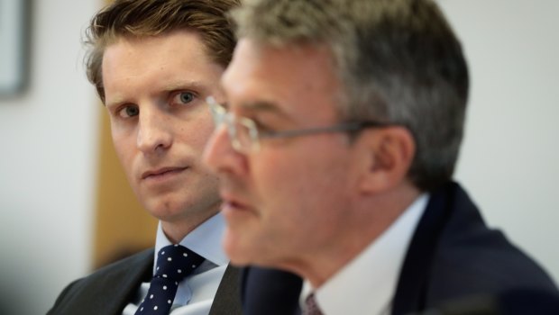 Liberal MP Andrew Hastie and Shadow Attorney-General Mark Dreyfus during a Parliamentary Joint Committee of Intelligence and Security (PJCIS) hearing on the Review of the Home Affairs and Integrity Agencies Legislation Amendment Bill 2017, at Parliament House in Canberra.