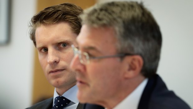 Liberal MP Andrew Hastie and Shadow Attorney-General Mark Dreyfus during a Parliamentary Joint Committee of Intelligence and Security (PJCIS) hearing on the Review of the Home Affairs and Integrity Agencies Legislation Amendment Bill 2017, at Parliament House in Canberra.