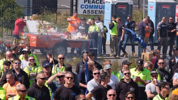 Union members from across Melbourne marched on Webb Dock on Friday.