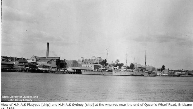 Before the Story Bridge was built big warships would berth at Queens Wharf, which was opposite South Bank Parklands.This is this famous WWI warship, the HMAS Sydney at Queens Wharf in 1924.