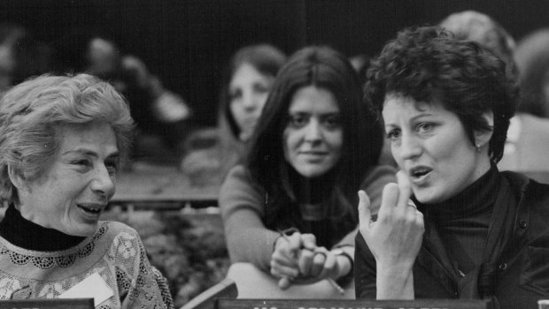 Marie Langer (left) of Argentina, Paychoanalyst and author, chatting with Germaine Greer (Australia), author, during the panel discussion to celebrate International Women's Day in 1975.