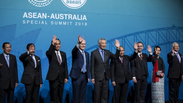 Prime Minister Malcolm Turnbull with other regional leaders at the ASEAN summit in Sydney on Saturday.