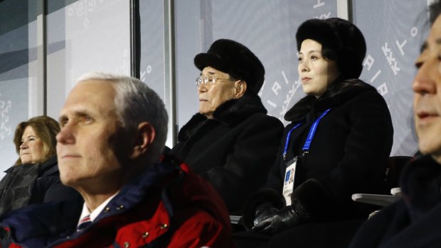 Kim Yong-nam and Kim Jong-un sit behind US Vice-President Mike Pence and Japanese Prime Minister Shinzo Abe as they watch the opening ceremony of the 2018 Winter Olympics.