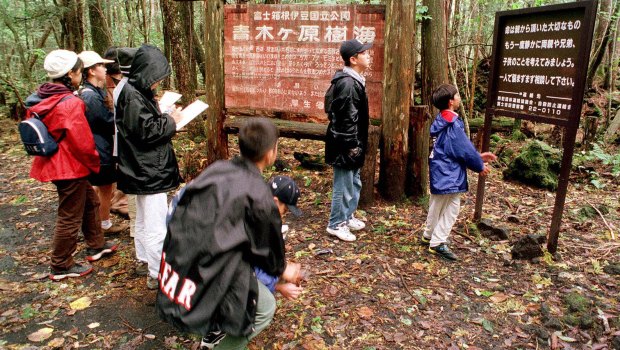 A group of schoolchildren read signs posted in the dense woods of the Aokigahara Forest at the base of Mount Fuji.
