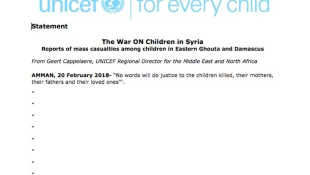 UNICEF statement on mass casualties among children in the Syrian conflict in Eastern Ghouta.