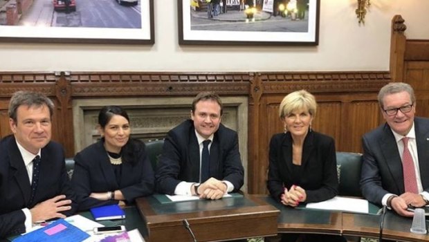 Bob Seely (l) with fellow Tory members of the UK parliament's foreign affairs committee Priti Patel and Tom Tugendhat met Australia FM Julie Bishop and High Commissioner Alexander Downer at the House of Commons this week