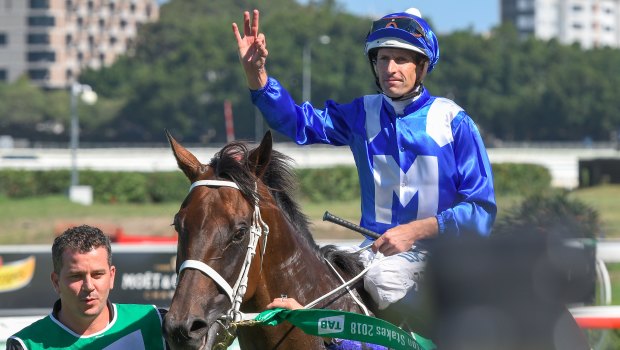 In tune: Hugh Bowman returns on Winx after a faultless exhibition in the Chipping Norton Stakes.
