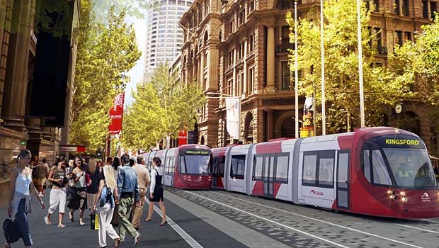 An artist's impression of George Street once the cars are removed, the light rail moves in and pedestrians walk to their favourite routes. 
