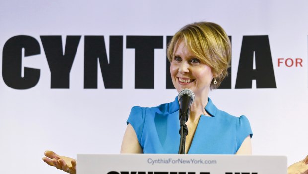 Former <i>Sex and the City</i> star, Cynthia Nixon speaks during her first campaign stop after announcing she would challenge New York Gov. Andrew Cuomo for the Democratic nomination, in Brooklyn, New York. 