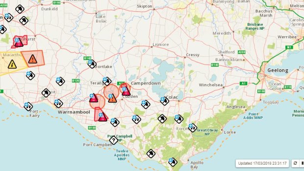 CFA fire map from about 11:30pm on Saturday