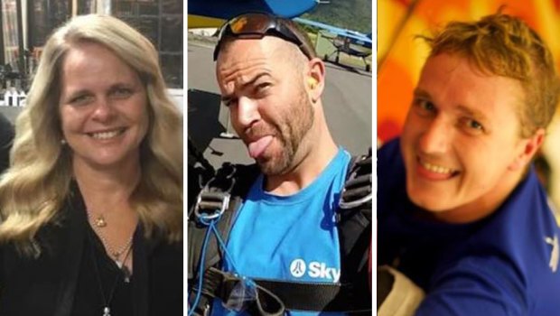 Police hope footage from other skydivers on the same jump as Kerri Pike, Peter Dawson and Toby Turner (left to right) will shed some light on what went wrong.