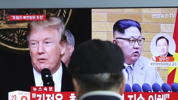 A TV screen at Seoul Railway Station in South Korea announces the pending talks between Kim Jong-un and Donald Trump.