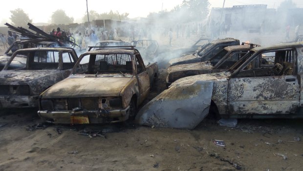 Burnt out cars following an attack in Maiduguri, Nigeria in 2017.