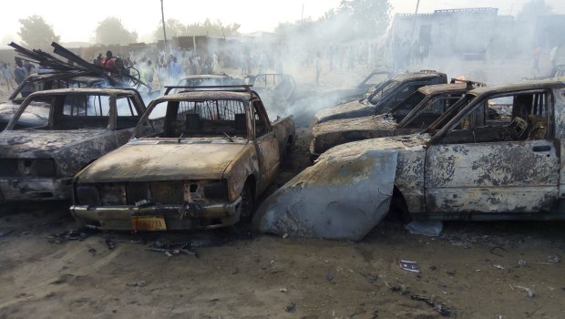 Burnt out cars following an attack in Maiduguri, Nigeria in 2017.