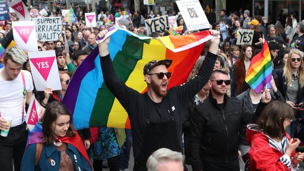Same-sex marriage supporters rally in Melbourne.