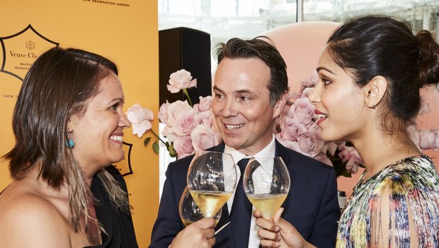 Mikaela Jade of Indesign, Thomas Bouleuc of Veuve Clicqucot and actress Freida Pinto at the Next Generation Awards.