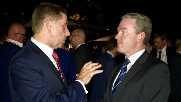 Queensland State Development Minister Cameron Dick speaking to federal Defence Industry Minister Christopher Pyne.