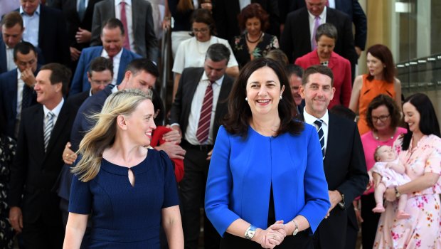 Commonwealth Games Minister and Premier Annastacia Palaszczuk with members of the Labor caucus on Monday.